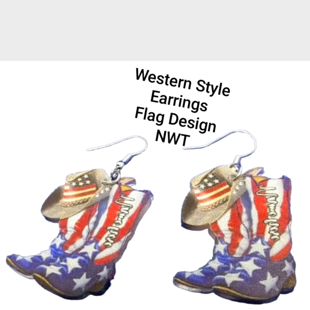 3$25 ~ Flag Fun Western Boots/Hat Earrings Red White Blue Flag New